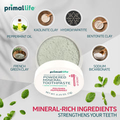 Primal Life Organics vista de tapa abierta con polvo visible lista para uso portátil