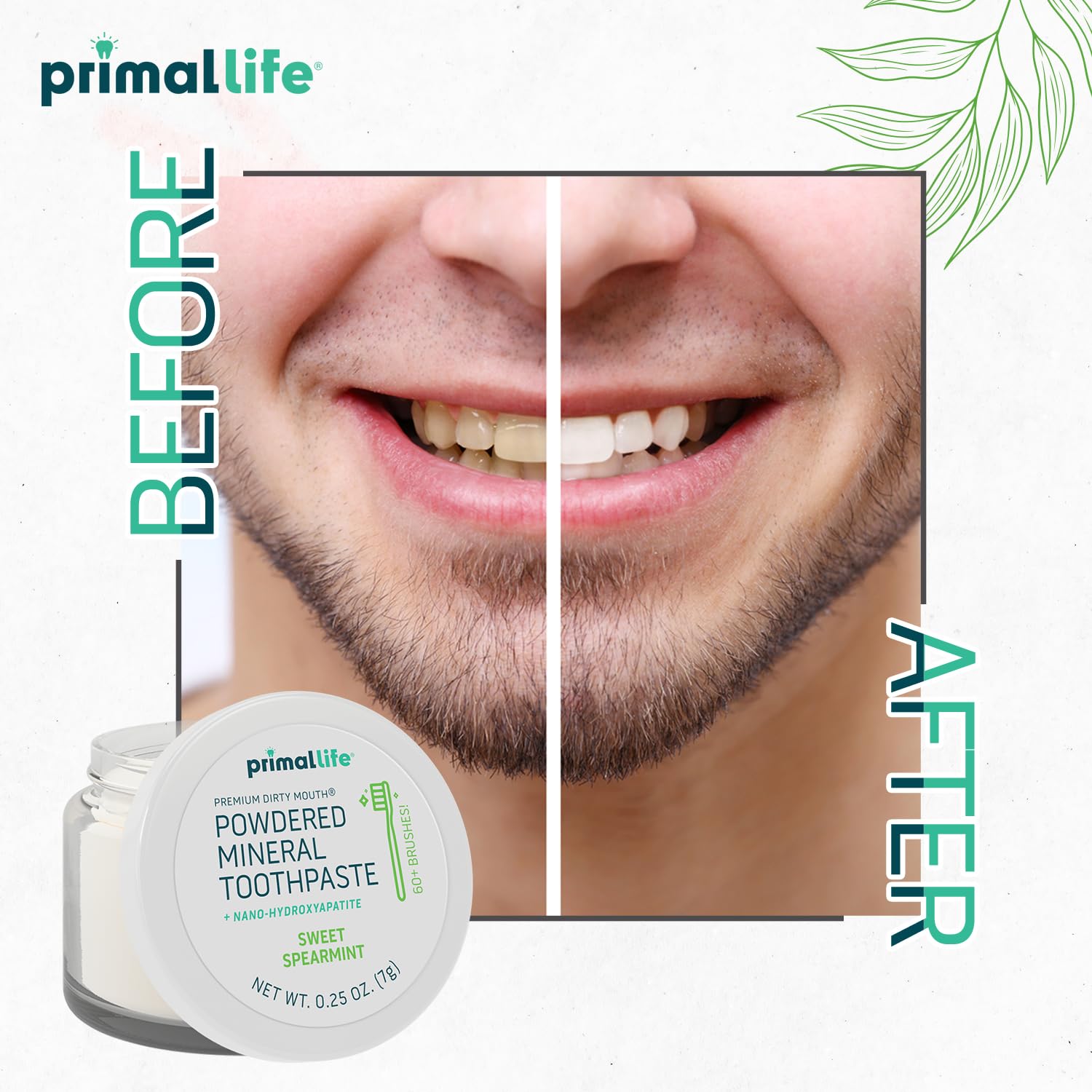 Primal Life Organics polvo dental en cepillo, demuestra uso diario y frescor