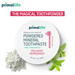 Primal Life Organics polvo aplicado en cepillo, facilita cepillado eficaz