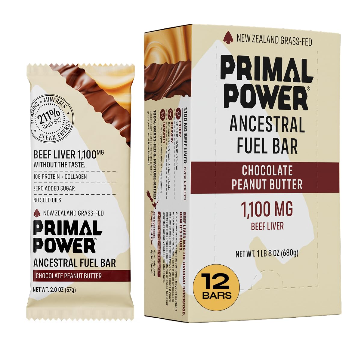 Primal Power frontal del empaque mostrando sabor chocolate peanut butter y beneficios