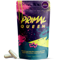 Primal Queen frente del empaque mostrando bolsa resellable y marca, confianza en origen