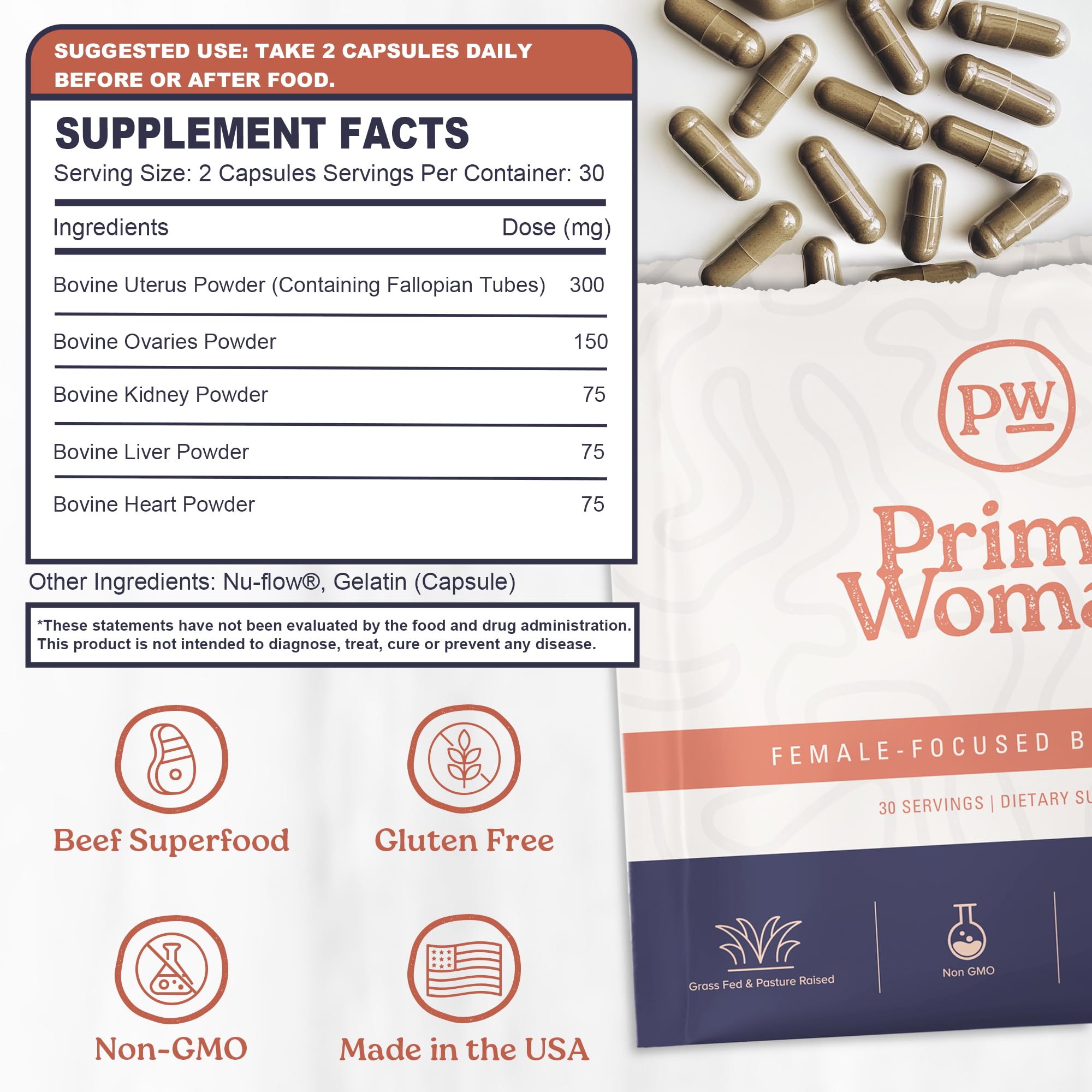 Etiqueta Primal Woman con información nutricional clara y origen grass-fed