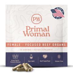 Primal Woman frasco frontal mostrando 60 cápsulas para fácil identificación y confianza
