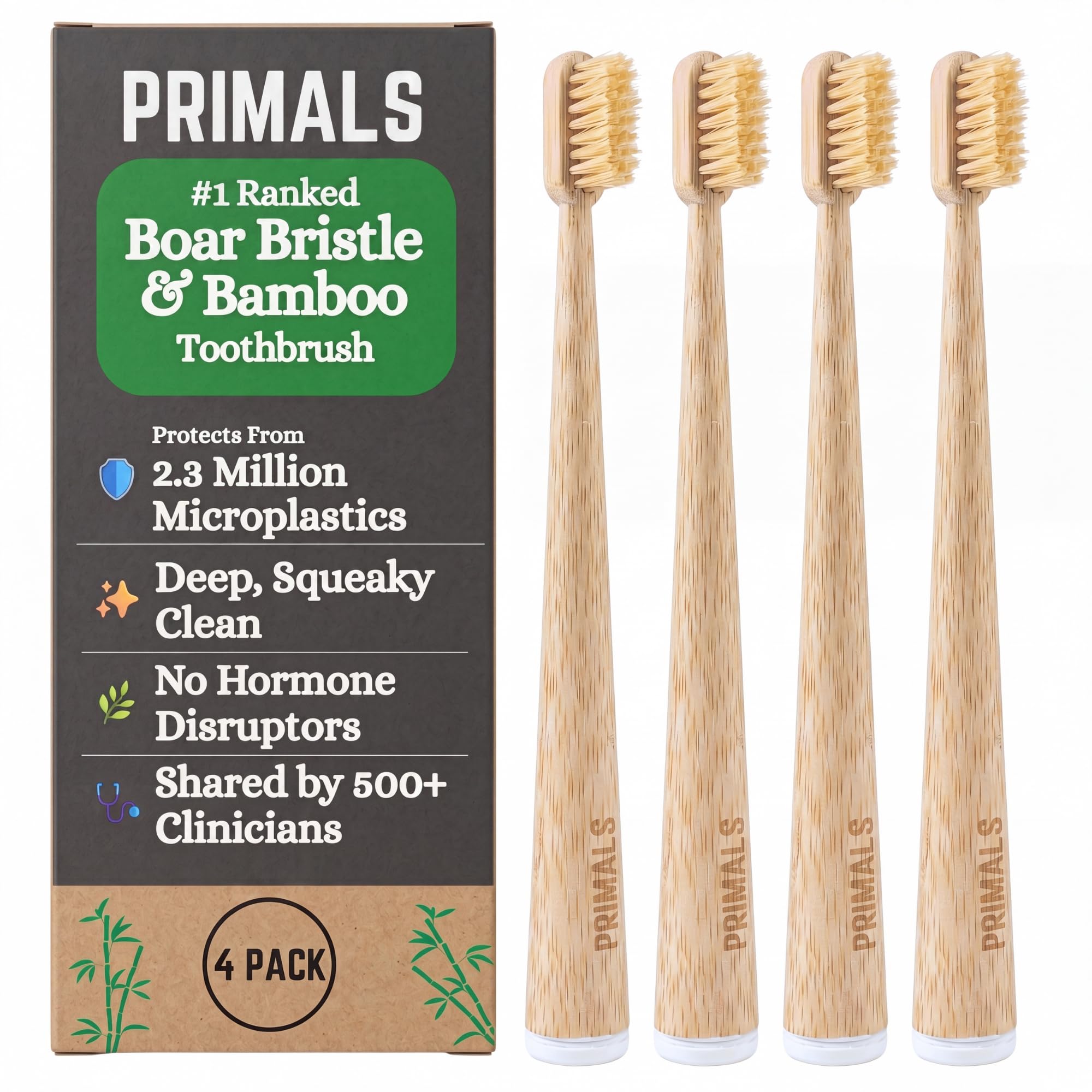 PRIMALS cepillo frontal pack de 4 mostrando diseño biodegradable y beneficio ecológico