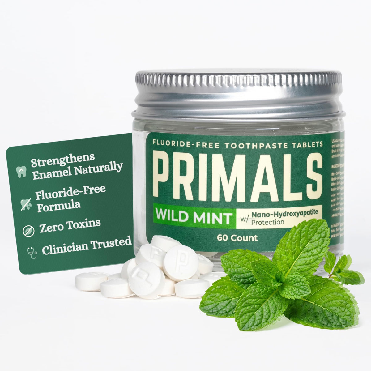 PRIMALS frasco frontal mostrando 60 tabletas y diseño ecológico