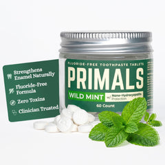 PRIMALS frasco frontal mostrando 60 tabletas y diseño ecológico