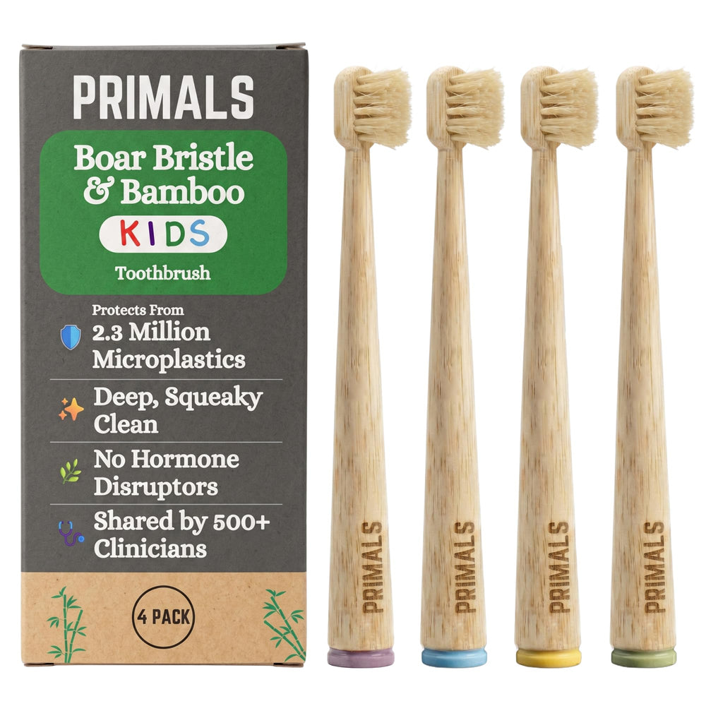 PRIMALS paquete frontal de cuatro cepillos mostrando beneficio ecológico