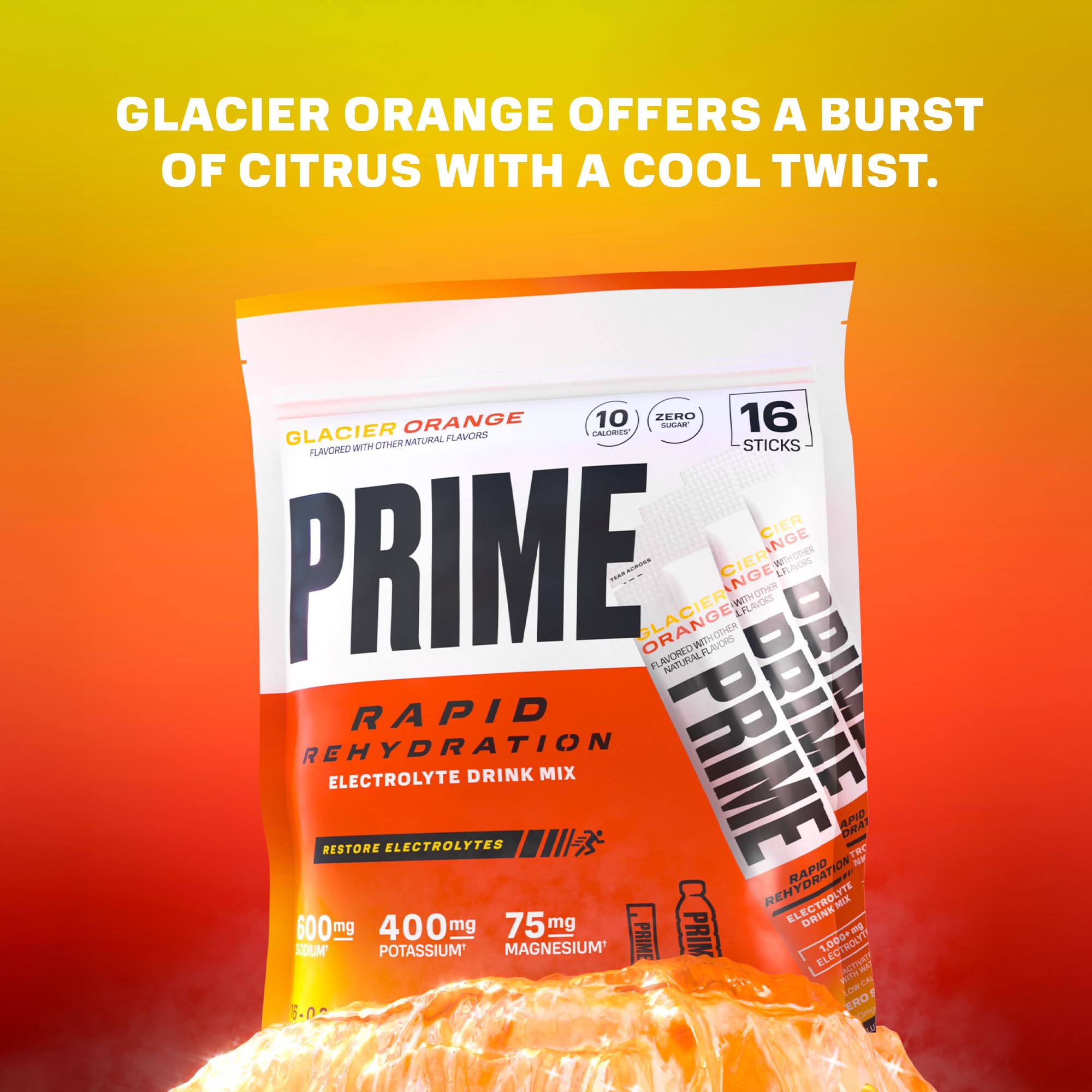 PRIME HYDRATION sobre abierto con polvo naranja listo para mezclar
