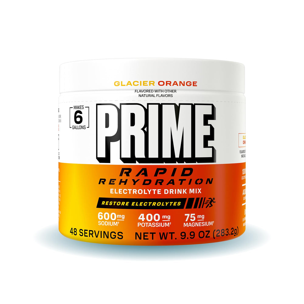 PRIME envase frontal Glacier Orange mostrando diseño y cantidad de porciones