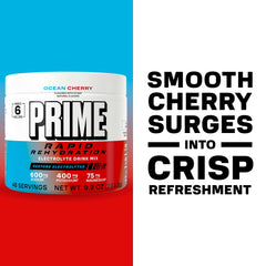 PRIME HYDRATION cucharada del polvo Ocean Cherry enfocando textura y fácil disolución