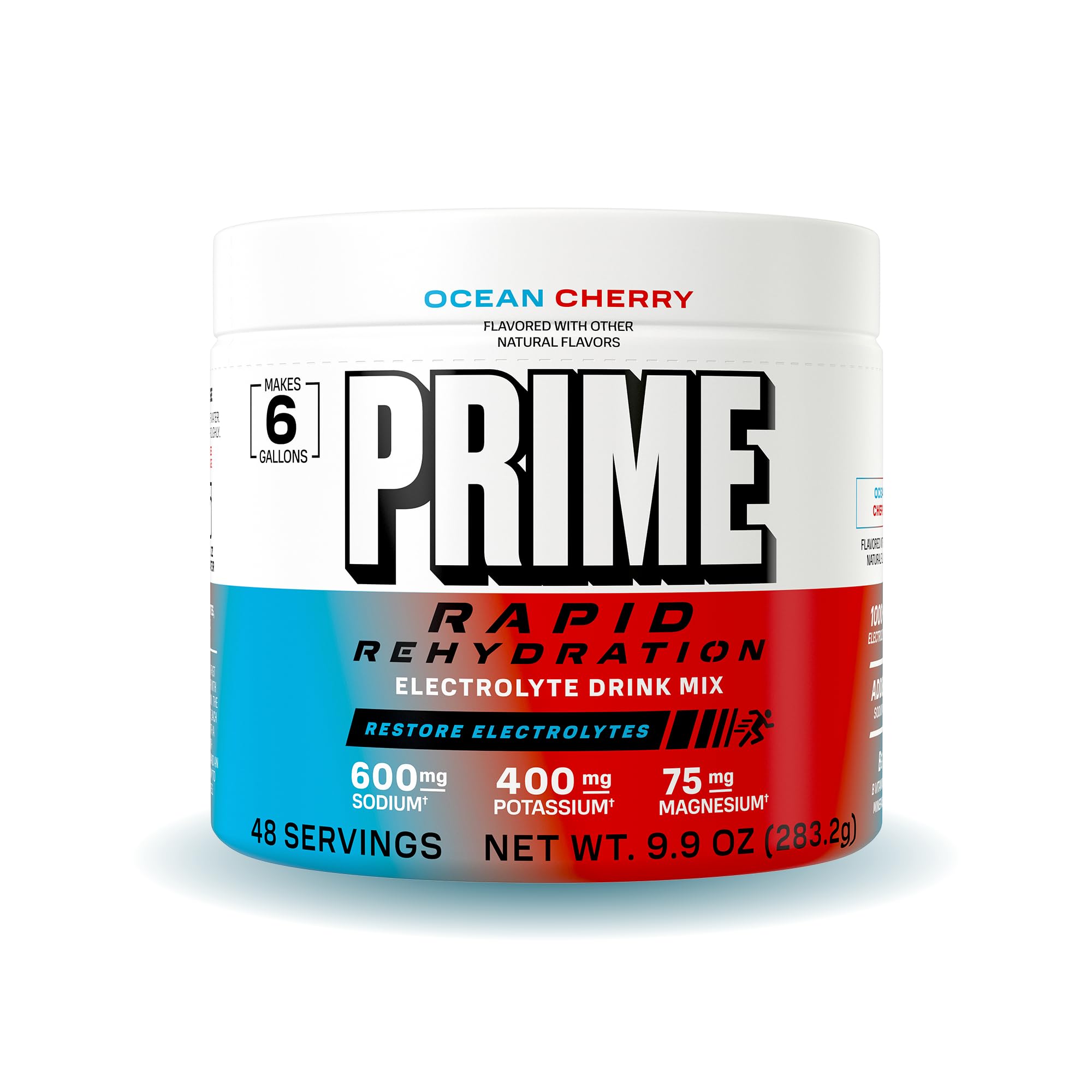 PRIME HYDRATION tub frontal Ocean Cherry mostrando sello de 48 porciones y beneficio práctico