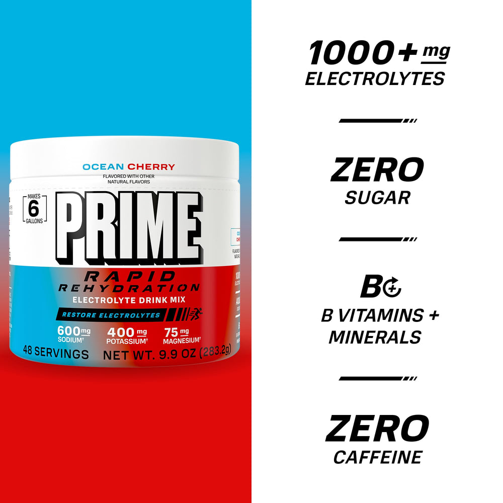 PRIME HYDRATION vaso preparado con bebida Ocean Cherry ideal para rehidratarse rápido