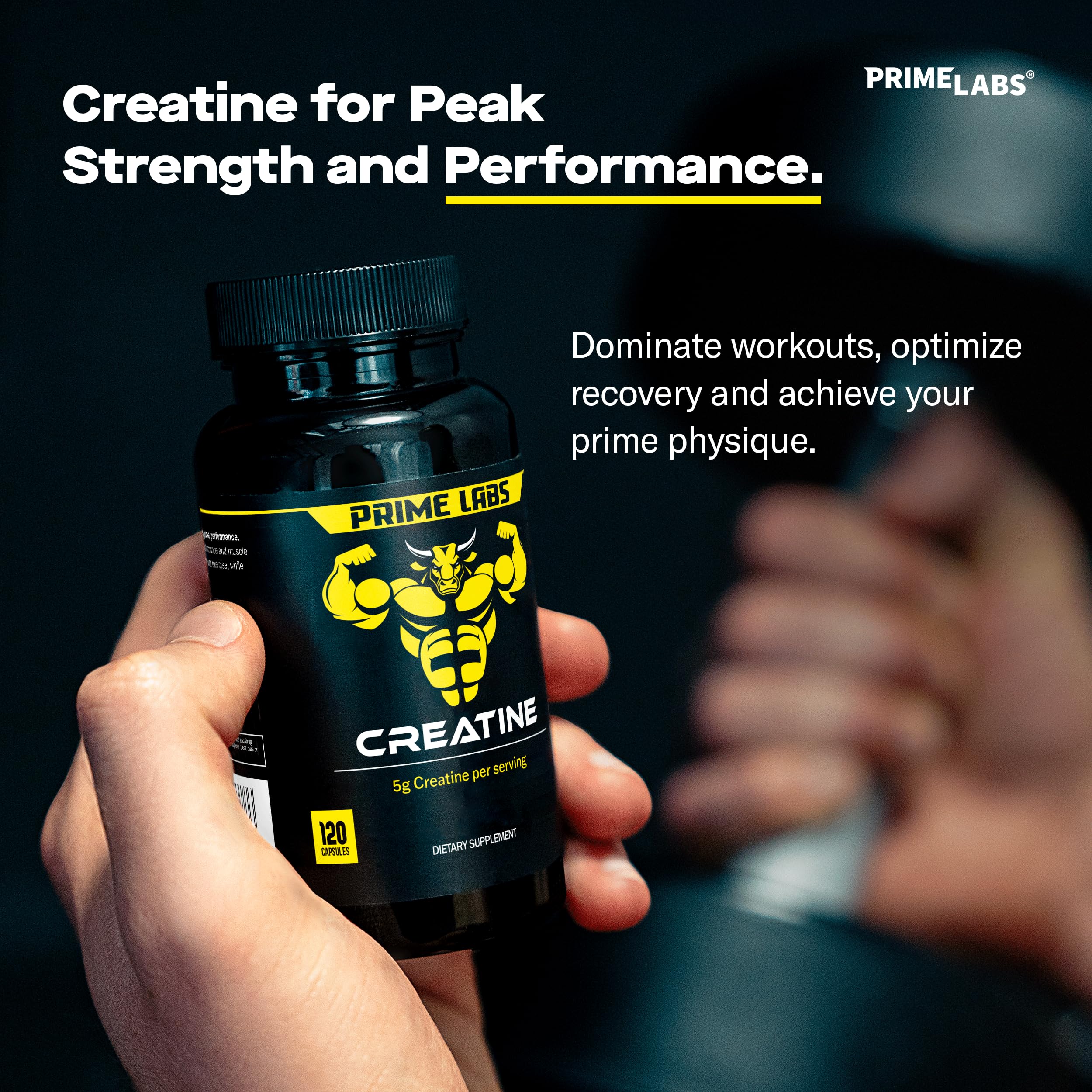 Prime Labs cápsulas en mano ilustrando dosis y facilidad para llevar al entrenamiento