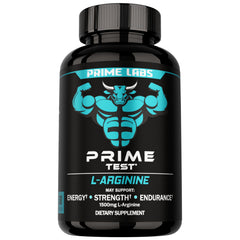 Prime Labs frasco frontal mostrando etiqueta y dosis, claridad visual del producto