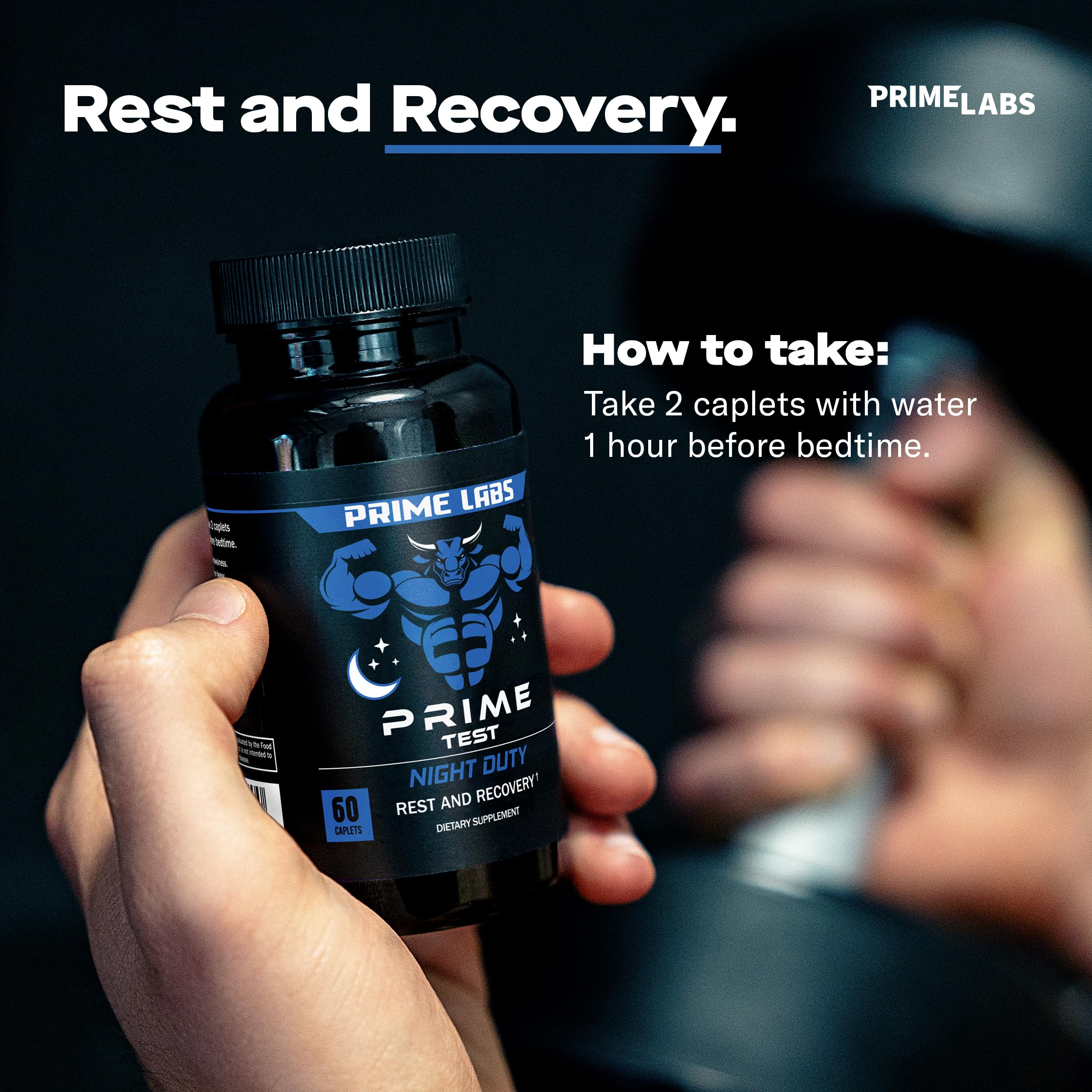 Prime Labs frasco en mesita de noche sugiriendo mejor descanso