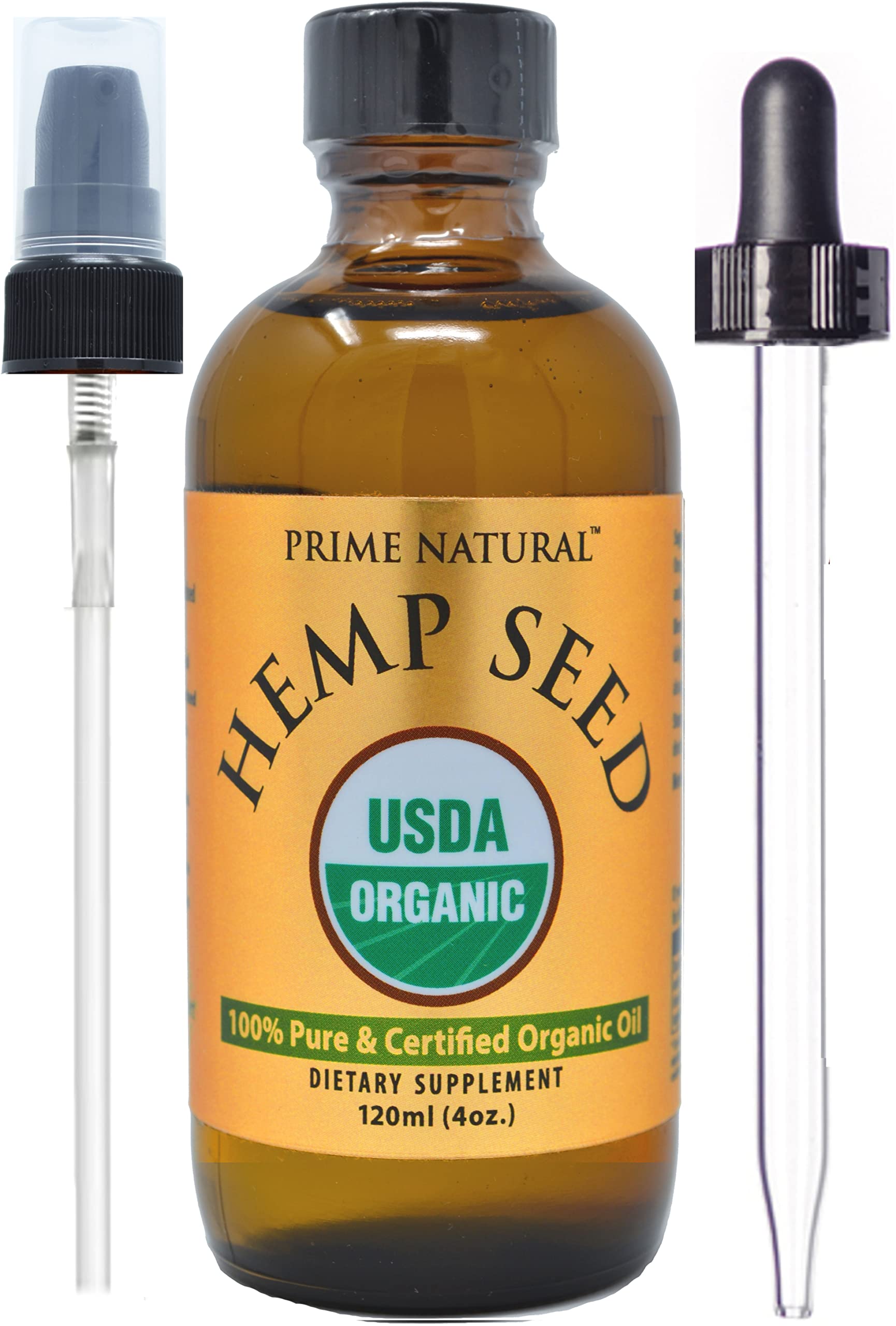 PRIME NATURAL botella frontal 120 ml de aceite de semilla de cáñamo, envase seguro y nutritivo
