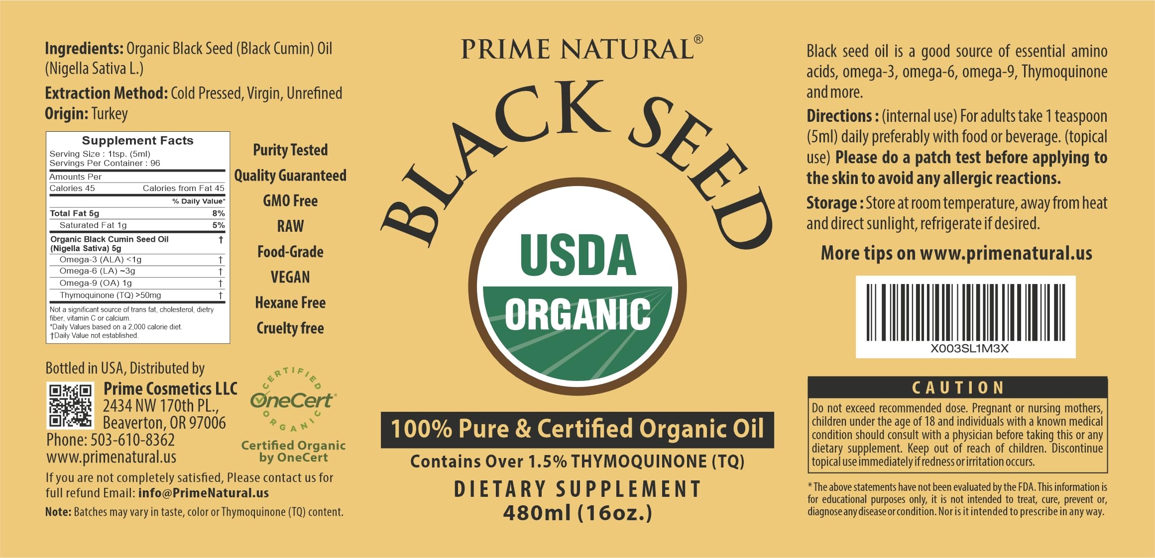 PRIME NATURAL etiqueta con certificación USDA Organic y laboratorio probado