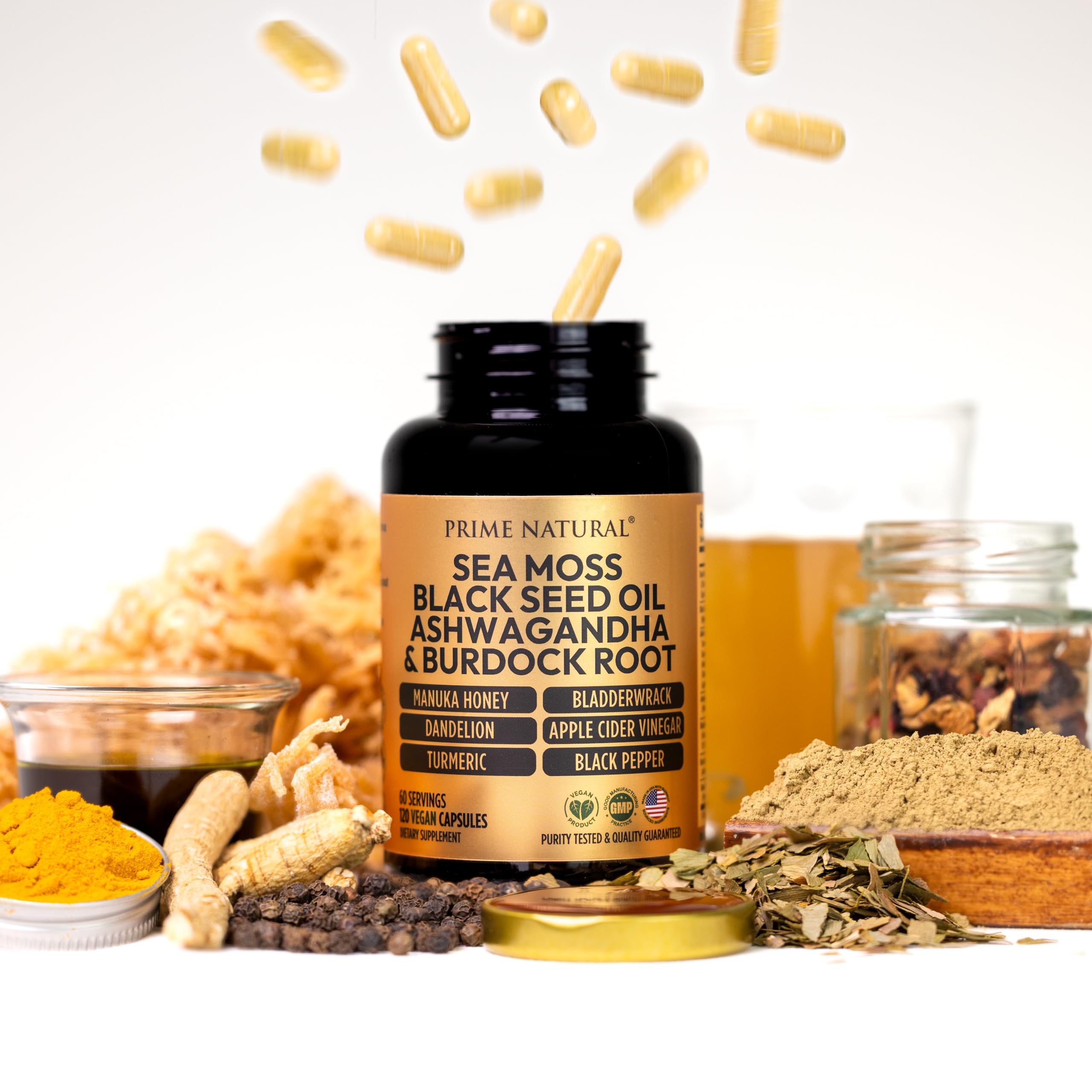 PRIME NATURAL ingredientes naturales sea moss y aceite de semilla negra juntos