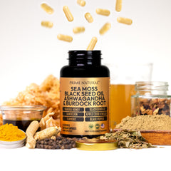 PRIME NATURAL ingredientes naturales sea moss y aceite de semilla negra juntos
