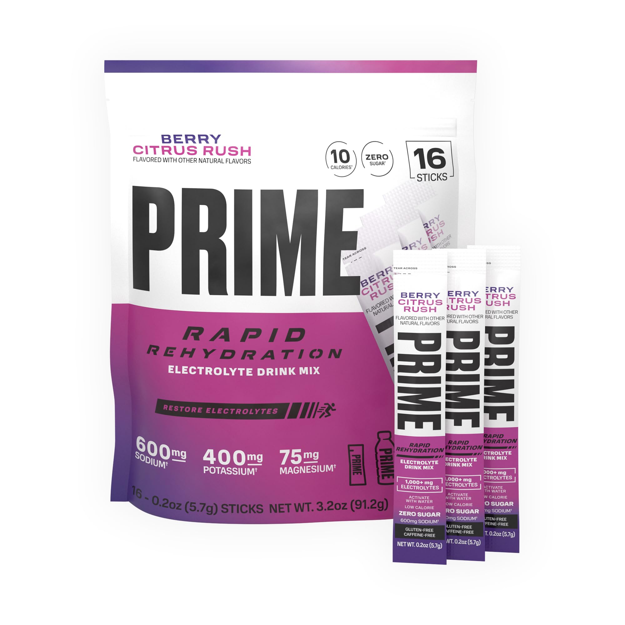 PRIME HYDRATION frente del empaque mostrando 16 sobres y beneficio portátil