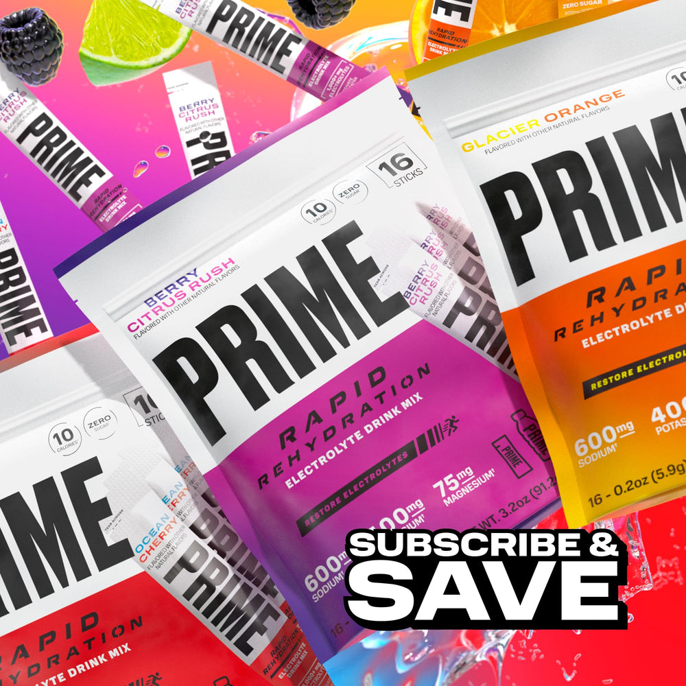 PRIME HYDRATION sobre siendo vertido en agua para hidratación instantánea