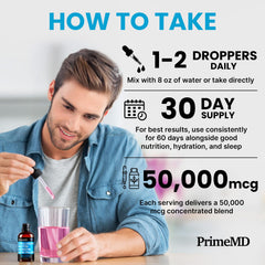 PrimeMD frasco junto a una regla para comparar tamaño y volumen