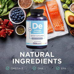 PRN rTG Omega 3 envase abierto con cápsulas mostrando textura suave