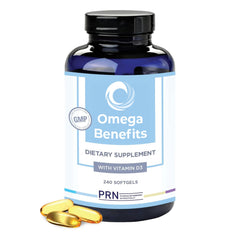 PRN rTG Omega 3 vista frontal con información clara y envase grande
