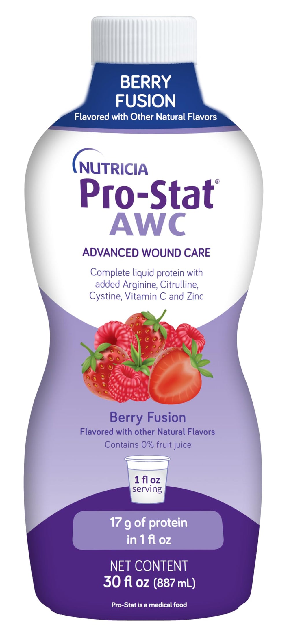 Pro-Stat botella frontal Berry Fusion mostrando etiqueta clara y beneficios