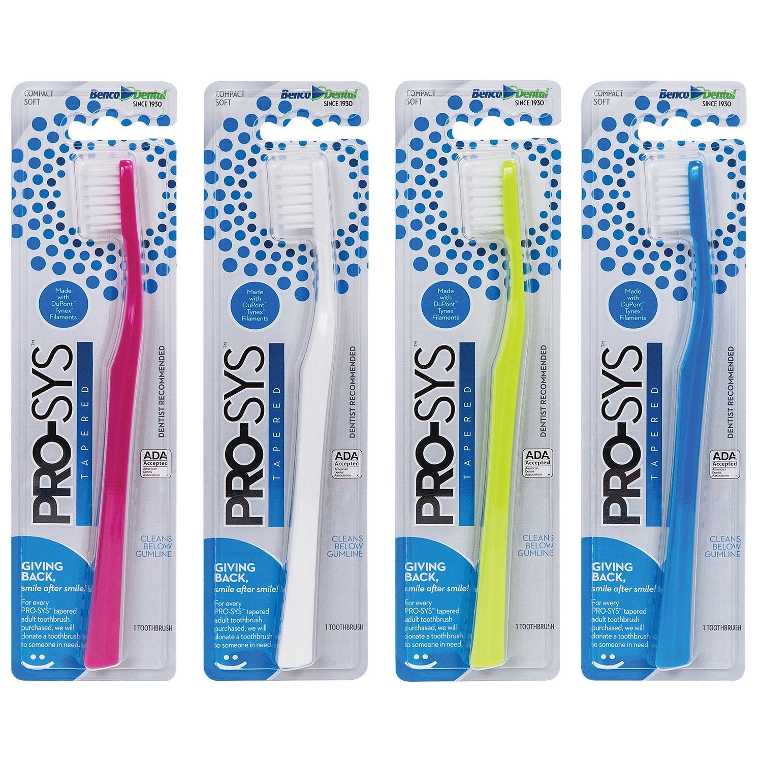 PRO-SYS empaque frontal mostrando pack de cuatro cepillos, higiene y protección