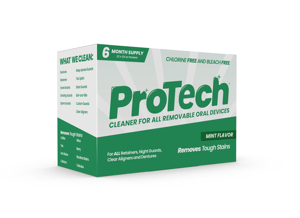 Pro Tech frente del empaque mostrando 22 sobres y menta, limpieza eficiente