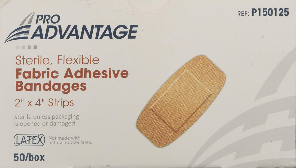 ProAdvantage caja frontal de 50 apósitos mostrando tamaño y cantidad, ideal para botiquines