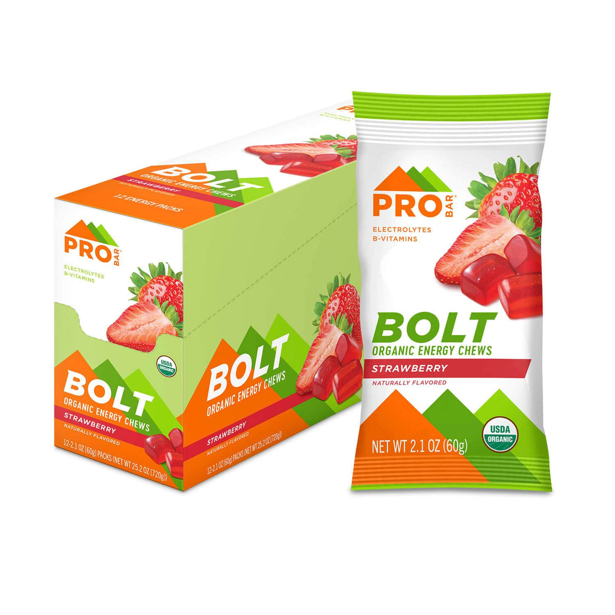 PROBAR paquete frontal de Bolt Energy Chews fresa, conveniencia para entrenamientos