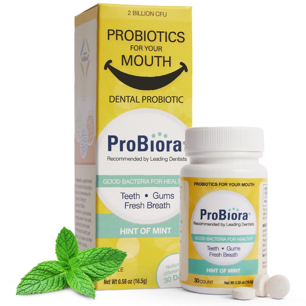 ProBiora frasco frontal mostrando el diseño y 60 tabletas, apoyo oral