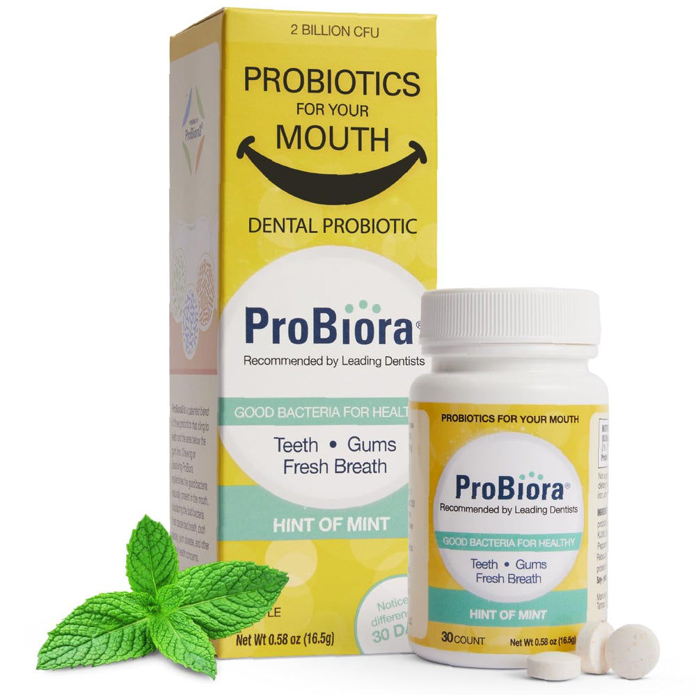 ProBiora frasco frontal mostrando el diseño y 60 tabletas, apoyo oral