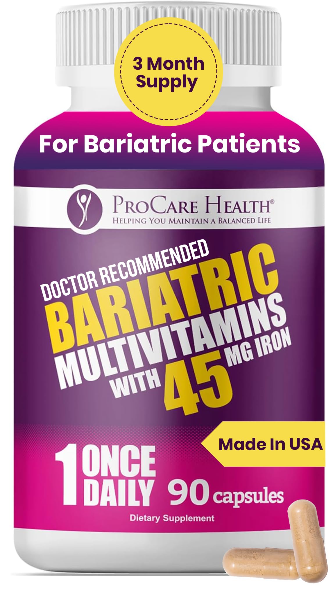 ProCare Health botella frontal mostrando Core-45 y beneficios de soporte nutricional