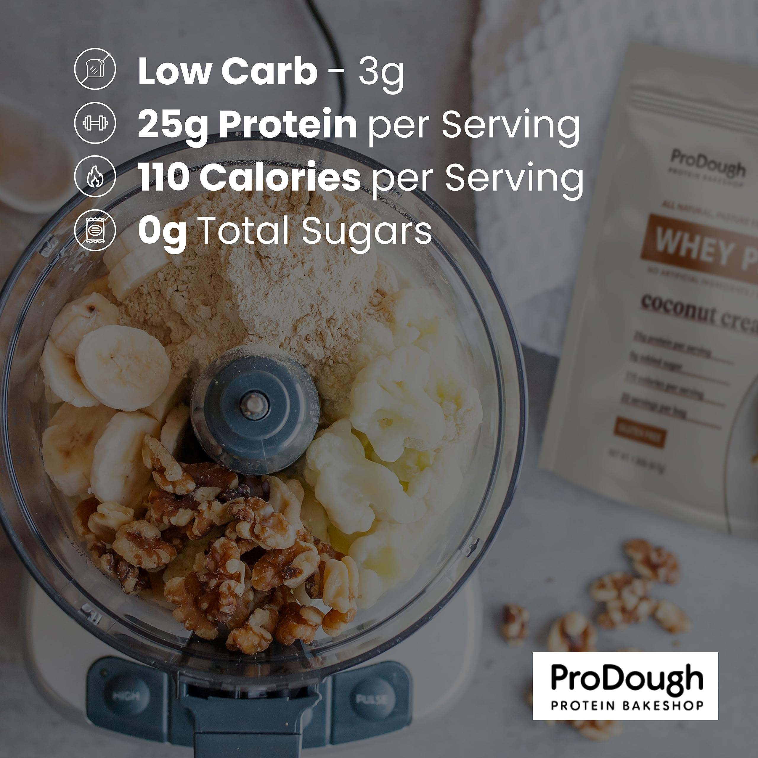 ProDough detalle de etiqueta nutricional con 25 g de proteína por porción