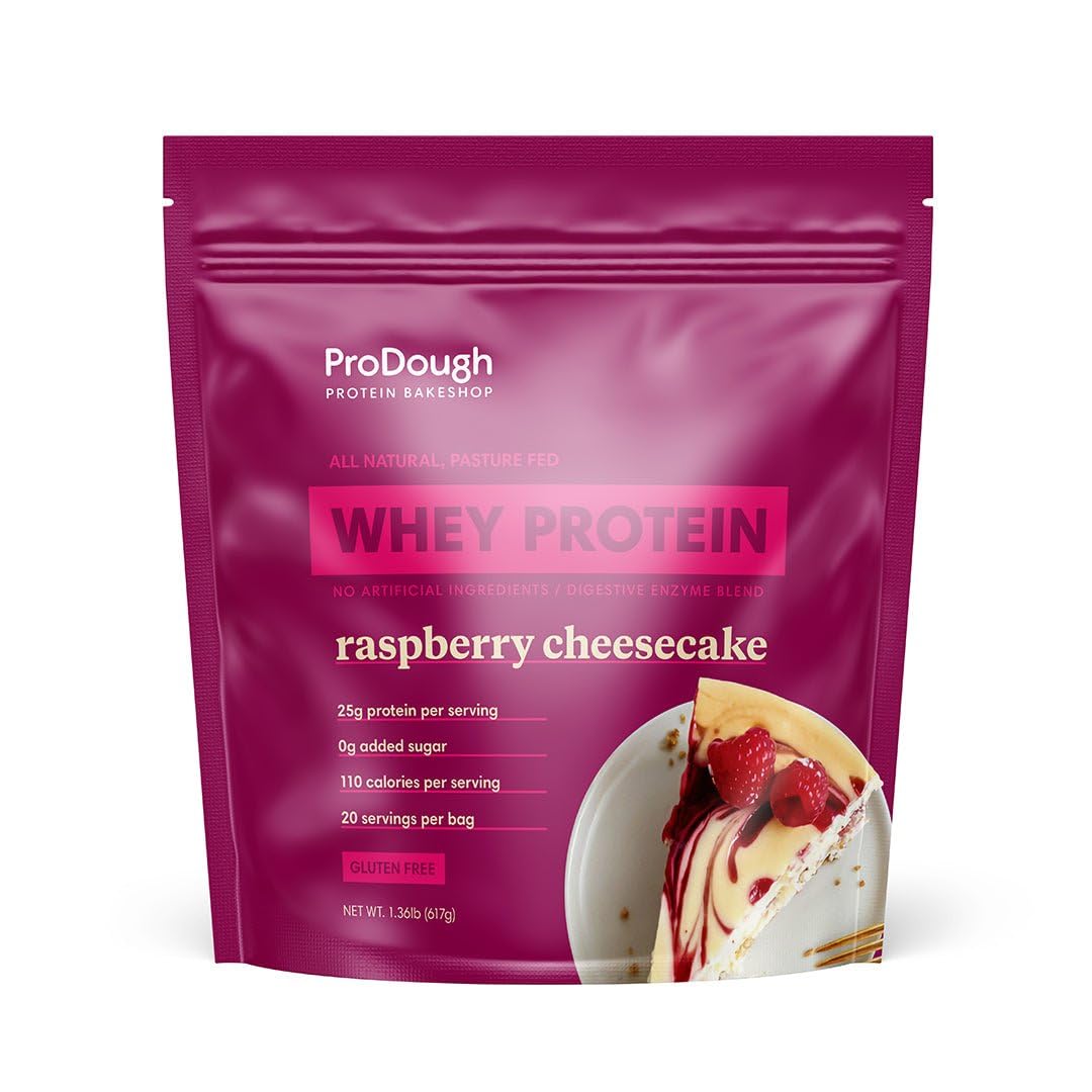ProDough frente del empaque mostrando sabor Raspberry Cheesecake y beneficios