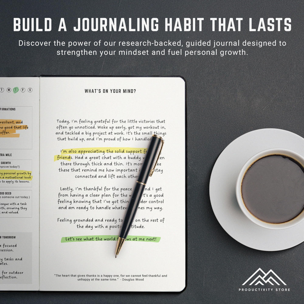 PRODUCTIVITY STORE diario en uso sobre escritorio, ayuda a crear rutinas diarias