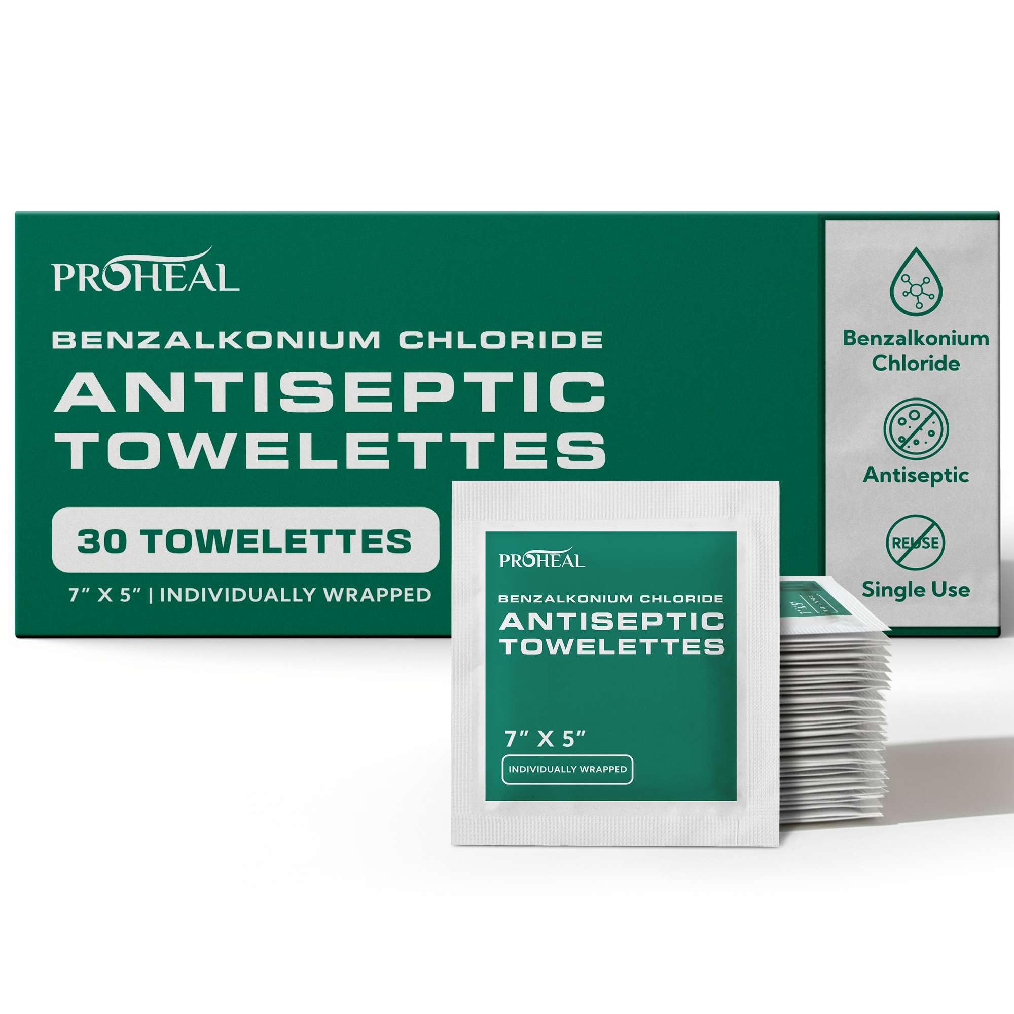 ProHeal paquete frontal mostrando 30 toallitas para primeros auxilios