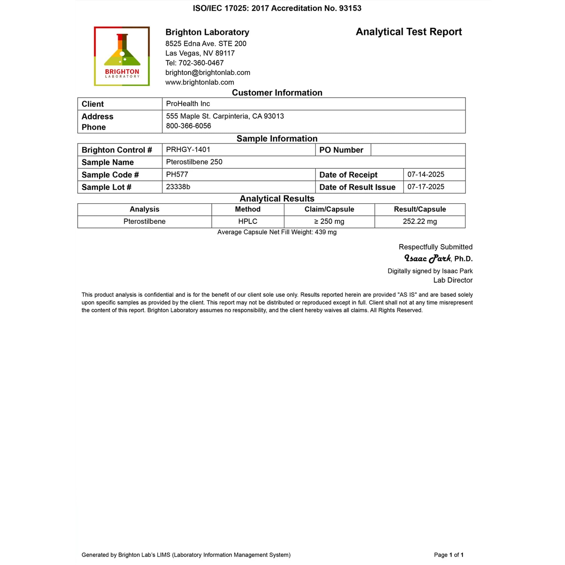 ProHealth certificado de laboratorio independiente que aporta transparencia