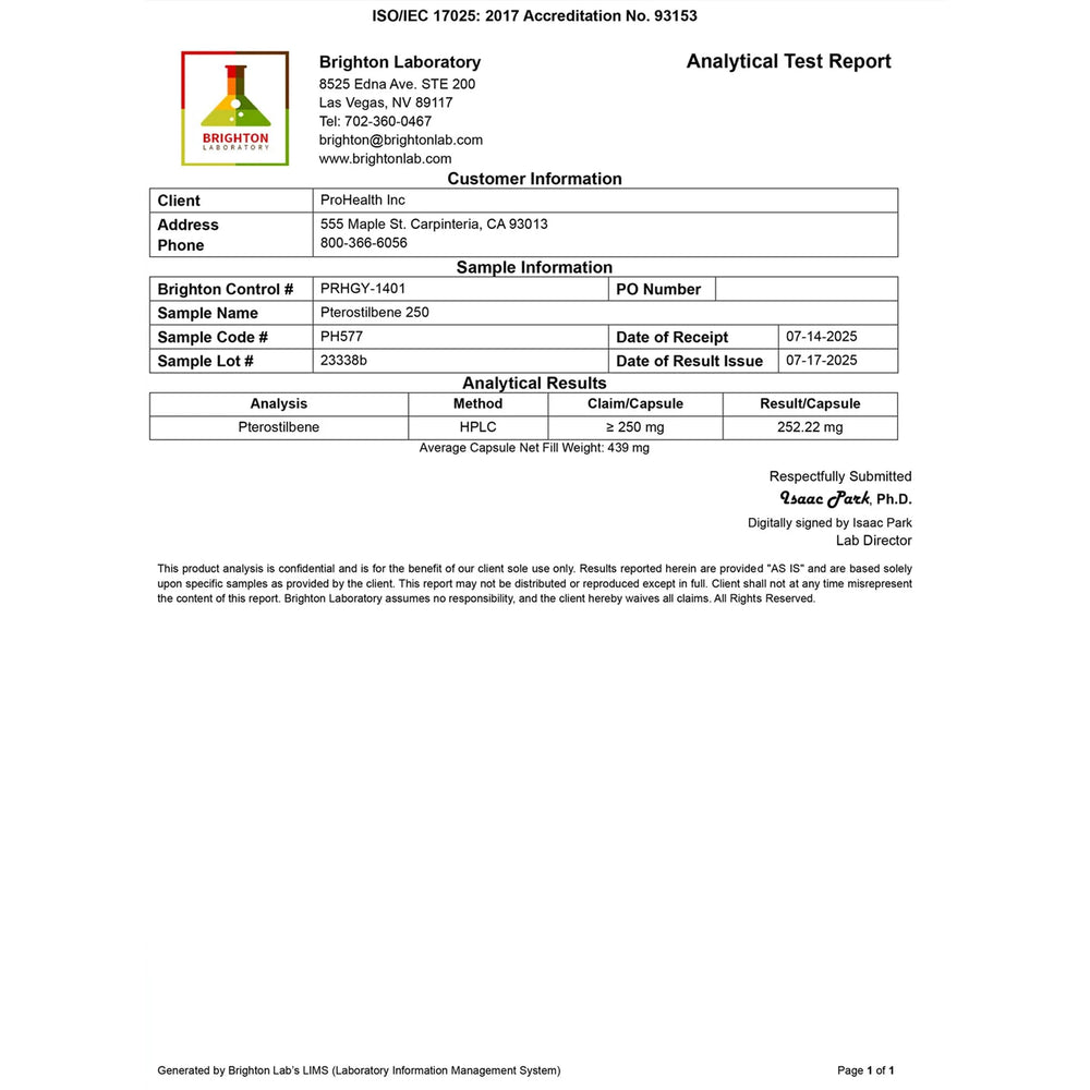 ProHealth certificado de laboratorio independiente que aporta transparencia