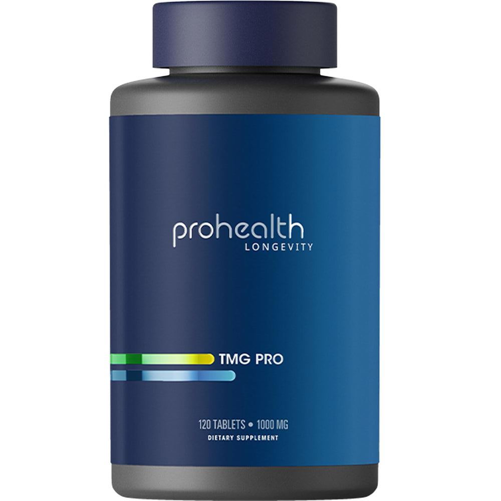 ProHealth Longevity TMG frontal mostrando el envase y la dosis clara
