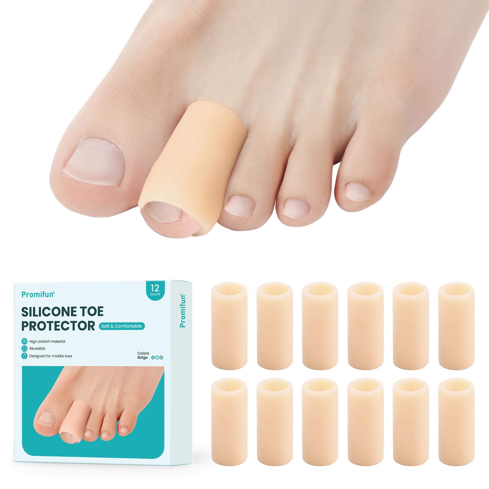 Promifun empaque frontal mostrando 12 fundas beige y beneficio protección