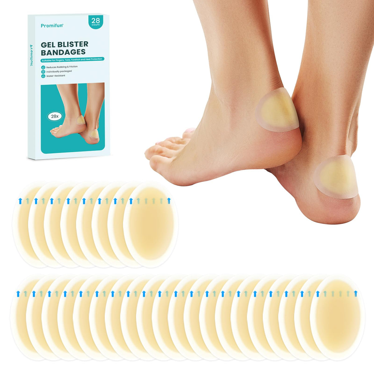 Promifun empaque frontal mostrando 28 unidades y beneficios resistentes al agua