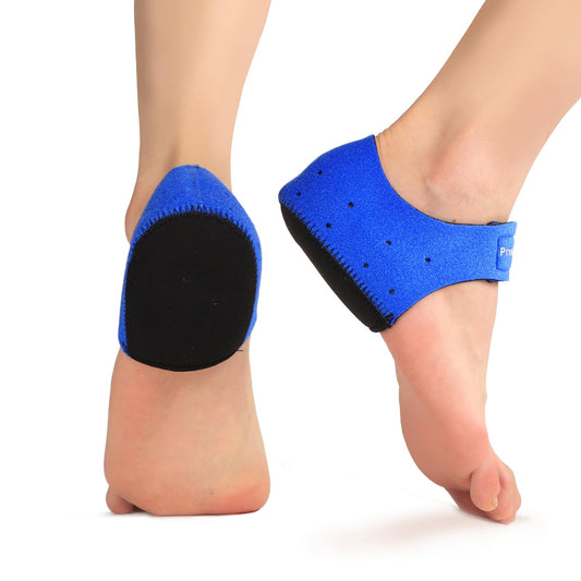 Promifun frontal del paquete mostrando las almohadillas azules y tallas, protege talón