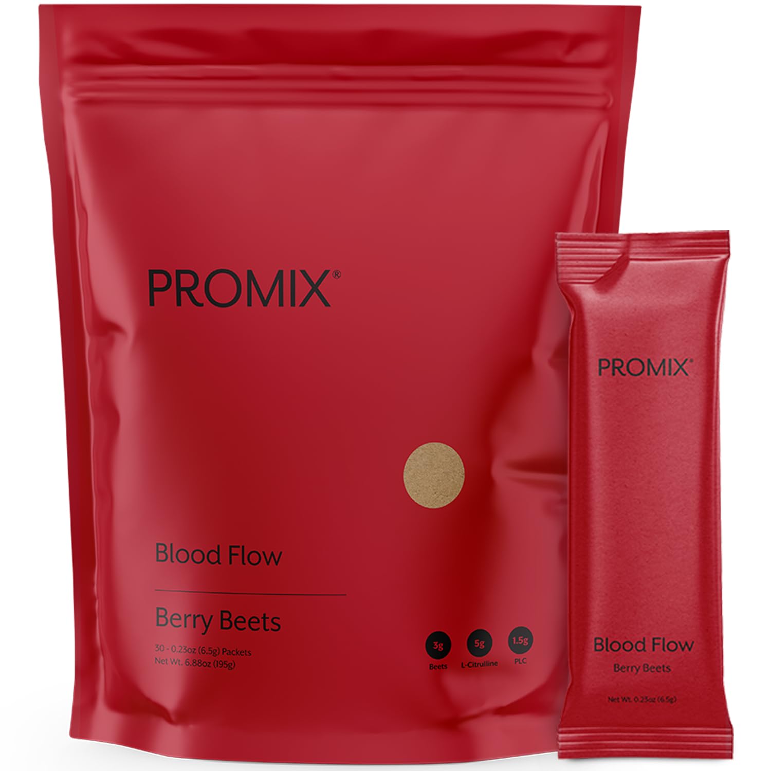 ProMix Blood Flow frente del envase mostrando diseño y tamaño, beneficio: confianza en ingredientes