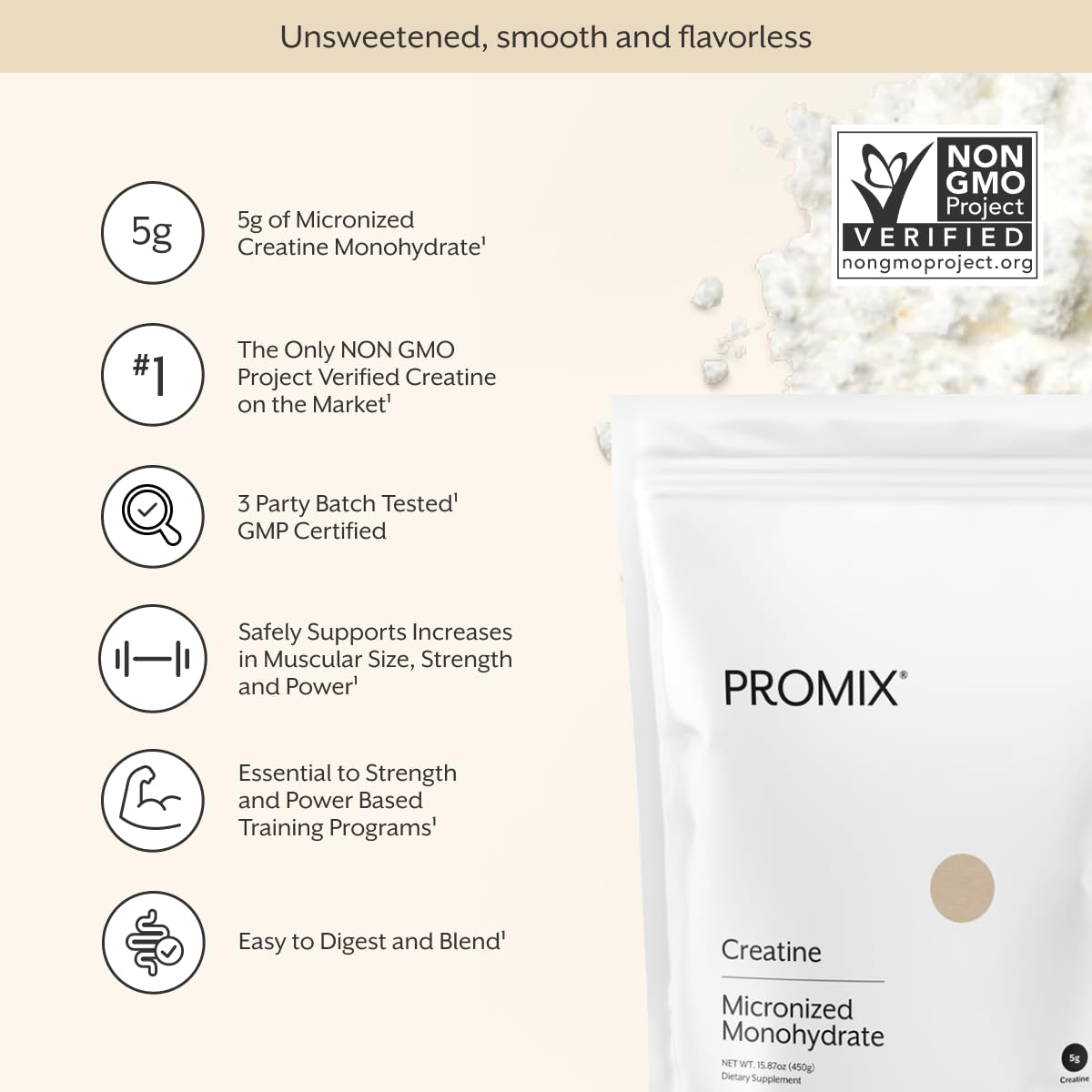 ProMix polvo micronizado textura fina que facilita disolución y mezcla sin grumos