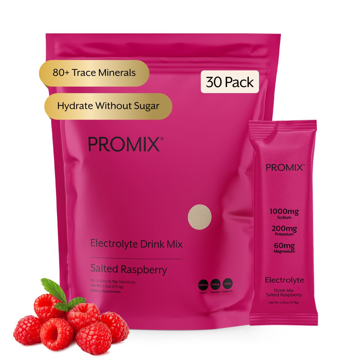 ProMix Nutrition envase frontal frambuesa mostrando marca y 30 servicios, práctico y limpio