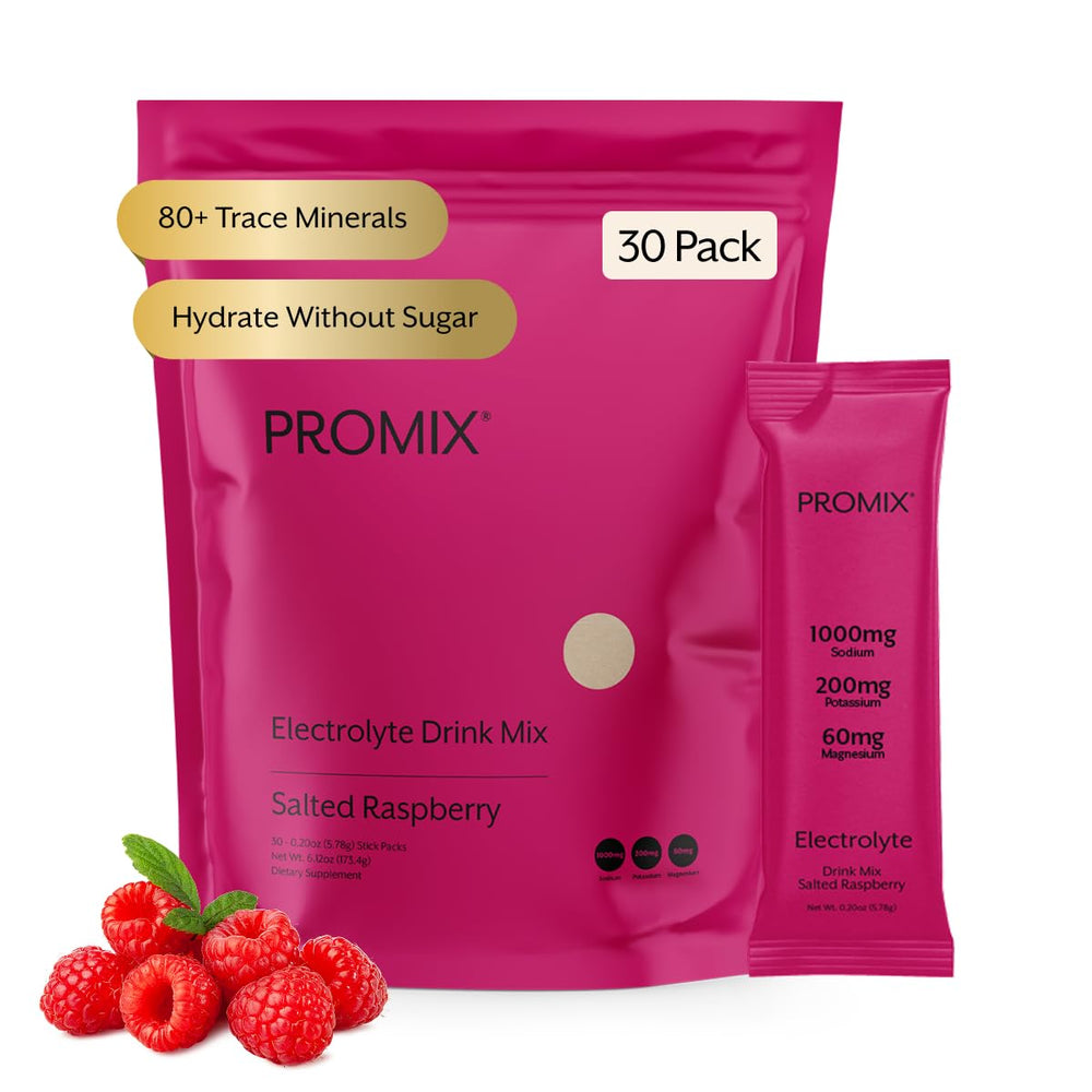 ProMix Nutrition envase frontal frambuesa mostrando marca y 30 servicios, práctico y limpio
